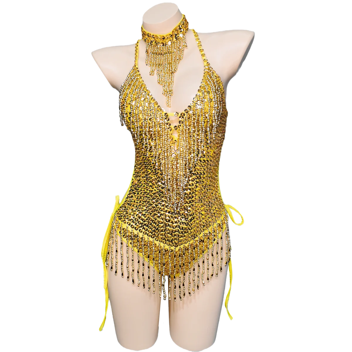 Women's Gold Sequin Fringe Halter Bodysuit with Choker, Latin Dance Costume