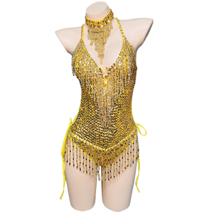 Women's Gold Sequin Fringe Halter Bodysuit with Choker, Latin Dance Costume