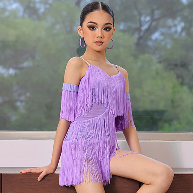 Girls' Lavender Fringe Latin Dance Dress with Armbands, Off-Shoulder Sweetheart Neckline, and Side Slit