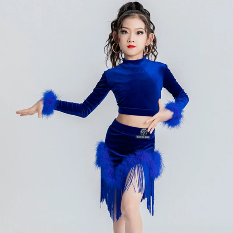 Girls Royal Blue Velvet Fringed Latin Dance Dress with Feather Cuffs and Hem, Mock Neck Crop Top and Skirt Set