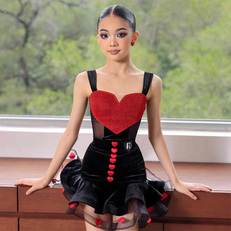 Girls Black & Red Velvet Glitter Heart Mesh Latin Dance Dress