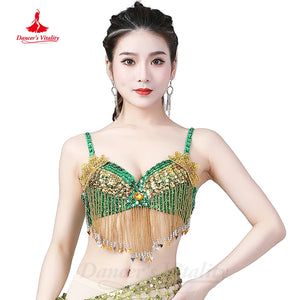 Women's Blue and Gold Sequin Beaded Fringe Belly Dance Bra Top