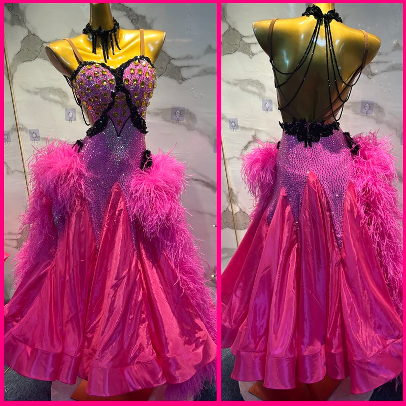 Women's Pink Rhinestone Ostrich Feather Ballroom Latin Dance Dress with Open Back and Choker Neckline
