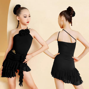 Girls' Red One-Shoulder Ruffle Latin Dance Dress with Floral Appliques, JY Dance Logo, and Asymmetrical Skirt