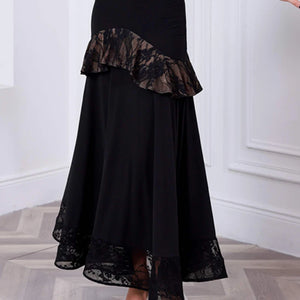 Women's Black Off-Shoulder Lace & Mesh Tiered Ruffle Sleeve Ballroom Dance Dress with Asymmetrical Ruffle Skirt