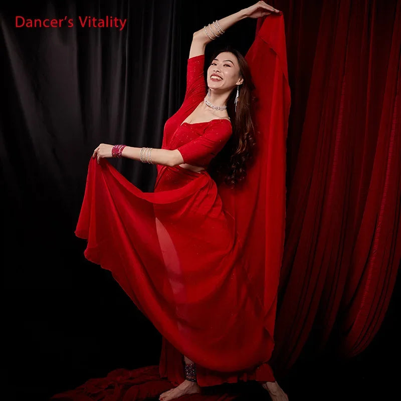 Women's Red Sequin Velvet Cutout Ruched Slit Belly Dance Dress with Flowing Scarf