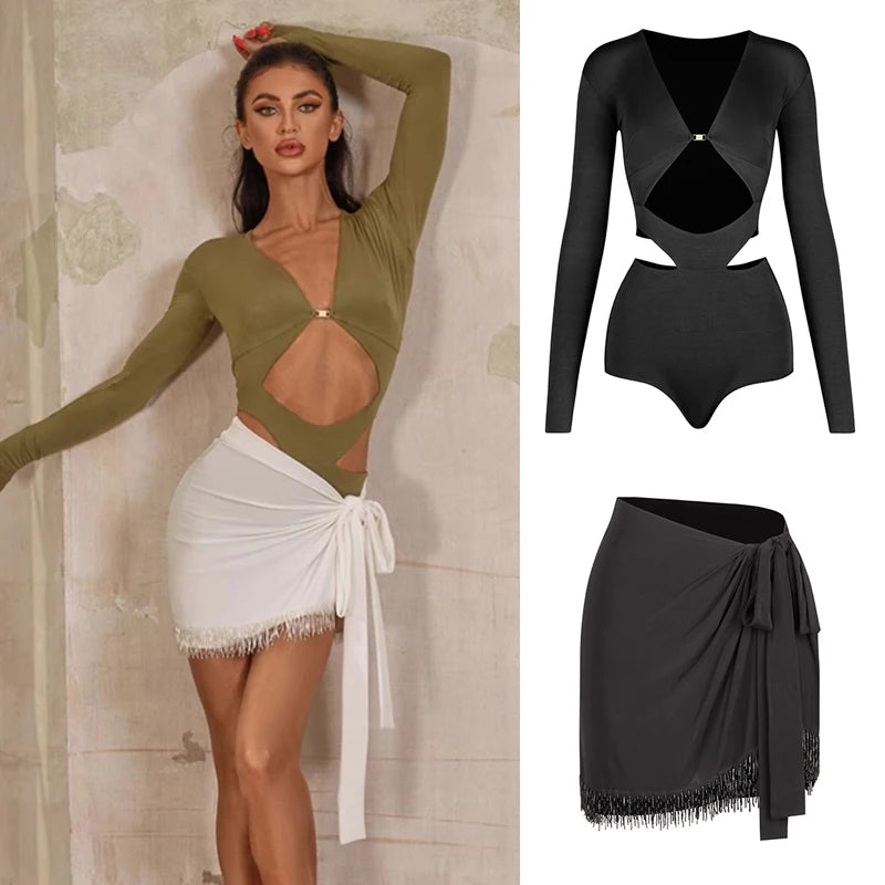 Women's Olive Green Long Sleeve Cutout Bodysuit with Gold Buckle, White Fringe Tie-Waist Skirt, Latin Dancewear