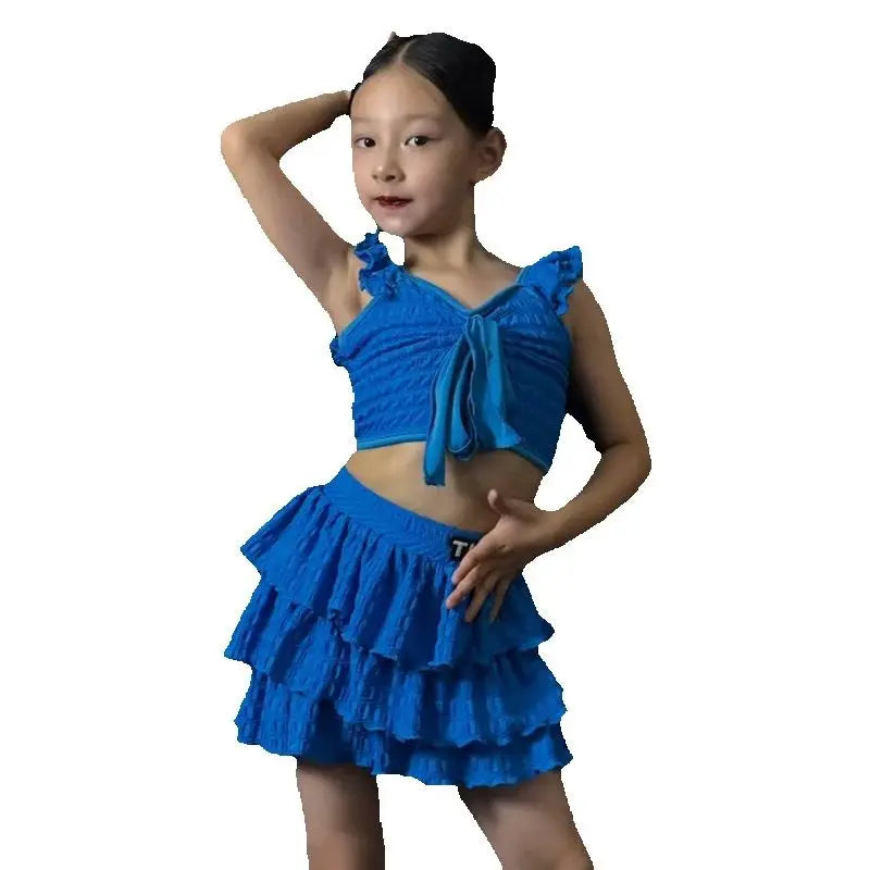 Girls Blue Ruffled Crop Top and Tiered Skirt Dancewear Set, Polyester Spandex