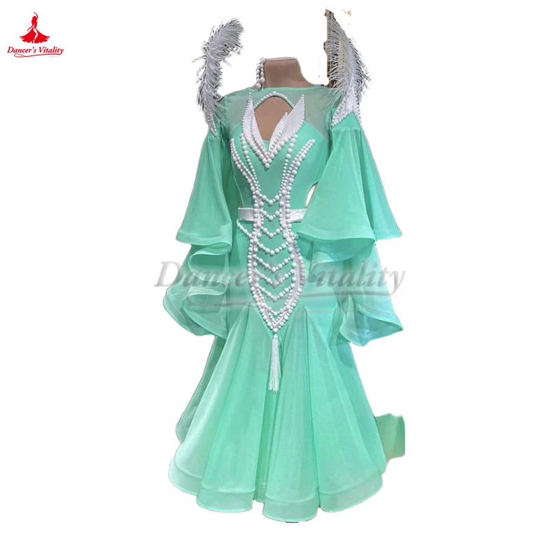 Ballroom Competition Dress With Flared Sleeves and Full Swing Skirt for Teens & Women Foxtrot Tango Quickstep