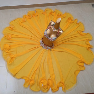 Belly Dance Costume Women's Yellow Sequin & Bead Embellished Chiffon Bra Top and Slit Skirt Set