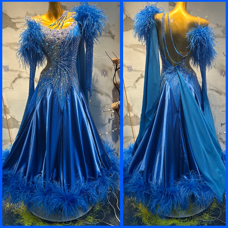 Ballroom Dance Dress Women's Royal Blue Rhinestone Feather Smooth Long Sleeve Gown