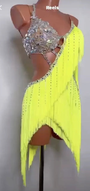 Latin Ballroom Dance Dress, Women's Neon Yellow Fringe and Rhinestone Halter Neck Performance Dress