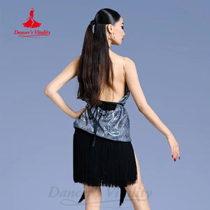 Women's Silver Sequin Halter Top & Black Fringe Latin Dance Skirt Set