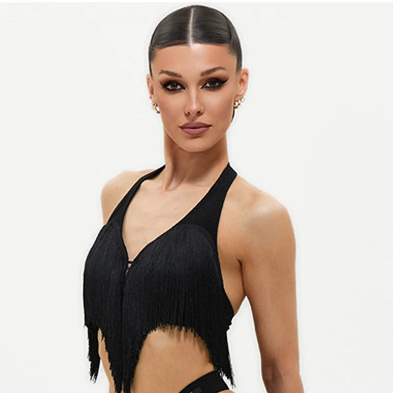 Women's Black Fringe Halter Top and Asymmetrical Skirt Latin Dance Set