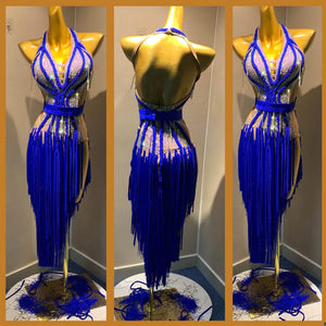 Women's Royal Blue Rhinestone Fringe Halterneck Latin Dance Dress
