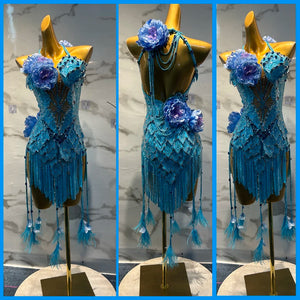 Latin Dance Dress Women's Blue Sequin Fringe Rhinestone Feather Short Performance Costume