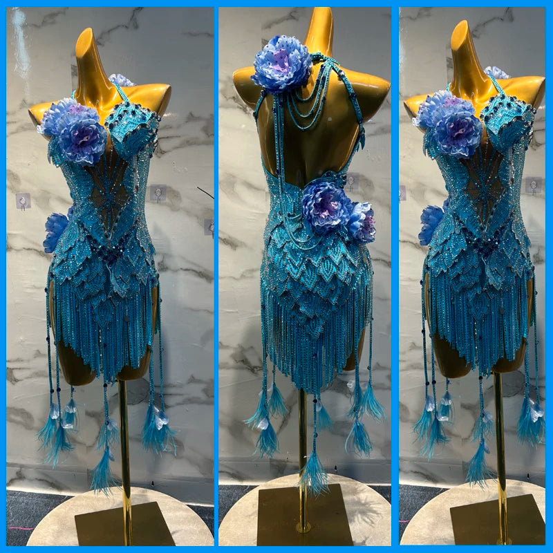 Latin Dance Dress Women's Blue Sequin Fringe Rhinestone Feather Short Performance Costume