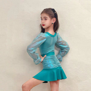 Girls' Aqua Green Shimmer Long Sleeve Ruched Skirt Dance Dress - Latin/Ballroom