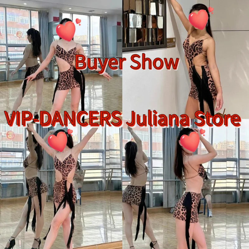 Women's Brown Leopard Print Cutout Fringe Latin Dance Dress