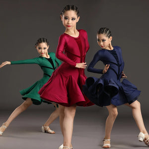 Girls Ballroom Dance Dress, Red Green Blue Long Sleeve Velvet Panel Ruffle Latin Salsa Dress