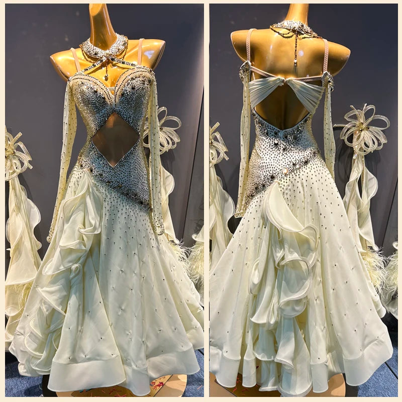 Women's Ivory Rhinestone Cutout Ruffled Ballroom Dance Dress with Sleeves