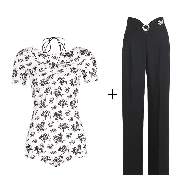 Women's Black & Green High Waist Pleated Wide Leg Ballroom Dance Pants