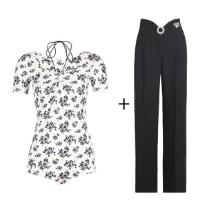 Women's Black & Green High Waist Pleated Wide Leg Ballroom Dance Pants