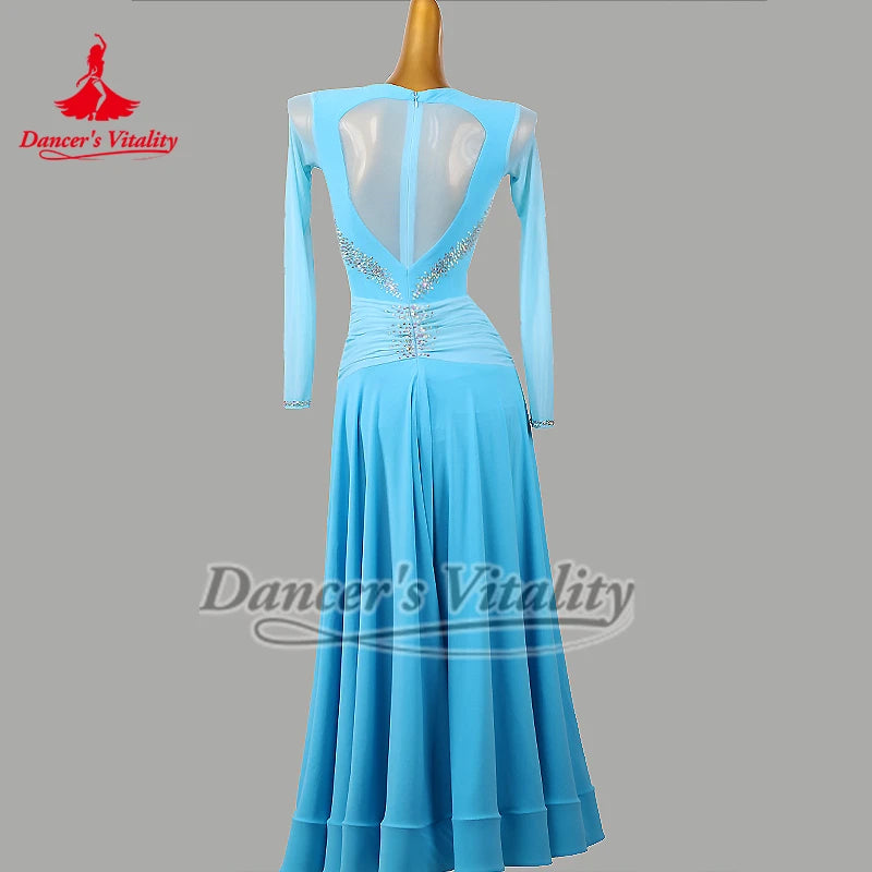 Women's Blue Ballroom Dance Dress, Long Sleeve Mesh Neckline, Ruched Bodice, Crystal Embellishments, Full Skirt