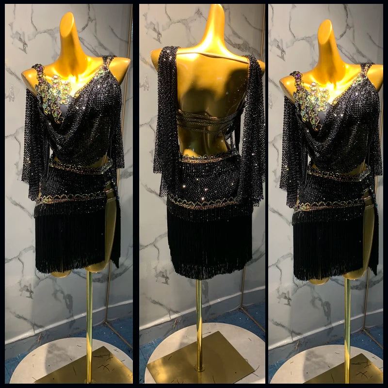 Latin Dance Dress Women's Black Beaded Fringe Asymmetrical Sequin Embellished Mesh Sleeve