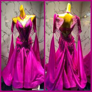 Women's Fuchsia Embellished Sequin Mesh Ballroom Dance Dress with Halter Neck and Flowing Skirt