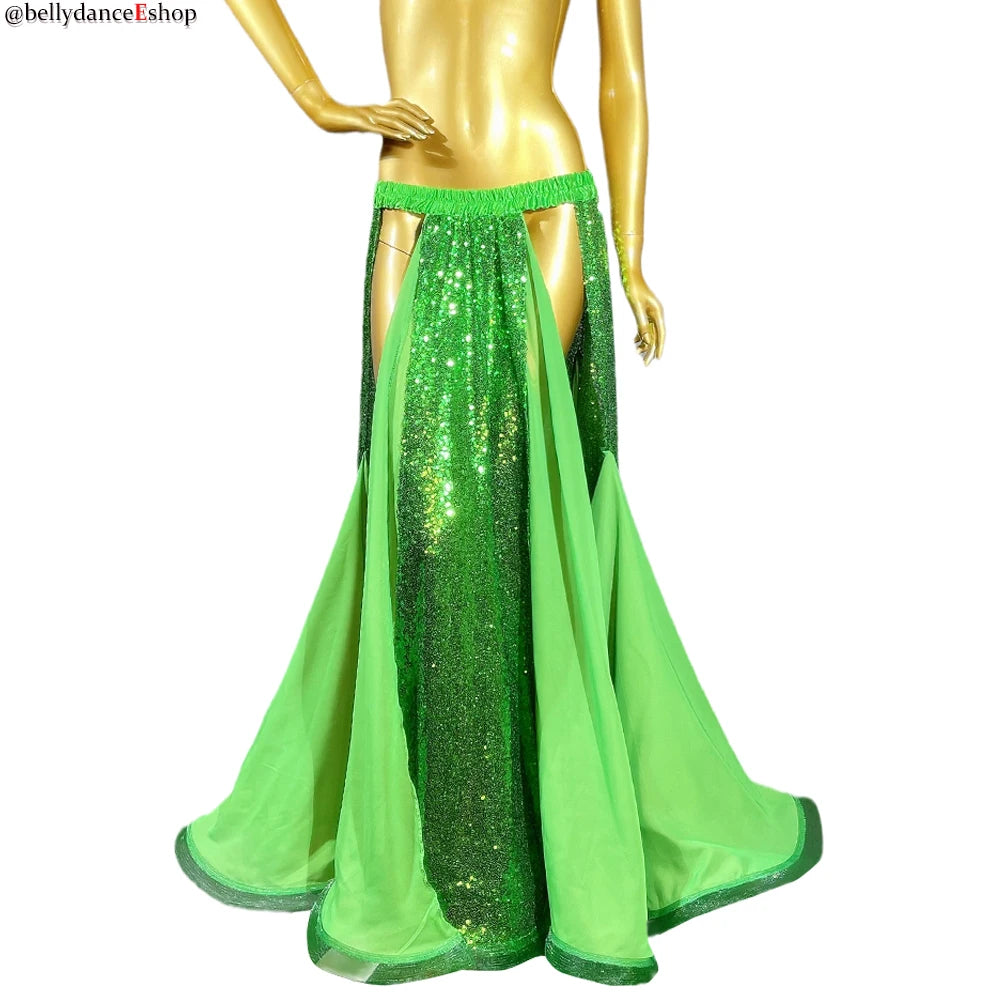 Belly Dance Women's Red Sequin Slit Skirt Chiffon Long Skirt with Elastic Waistband