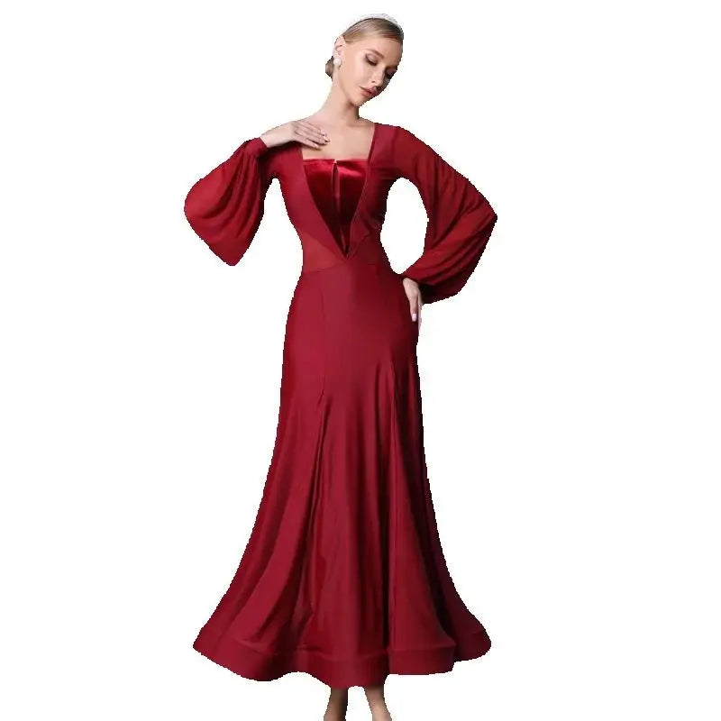 Women's Red & Black Ballroom Dance Dress with Mesh Sleeves & Velvet Bodice