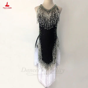Women's Black & White Halterneck Beaded Fringe Latin Dance Dress
