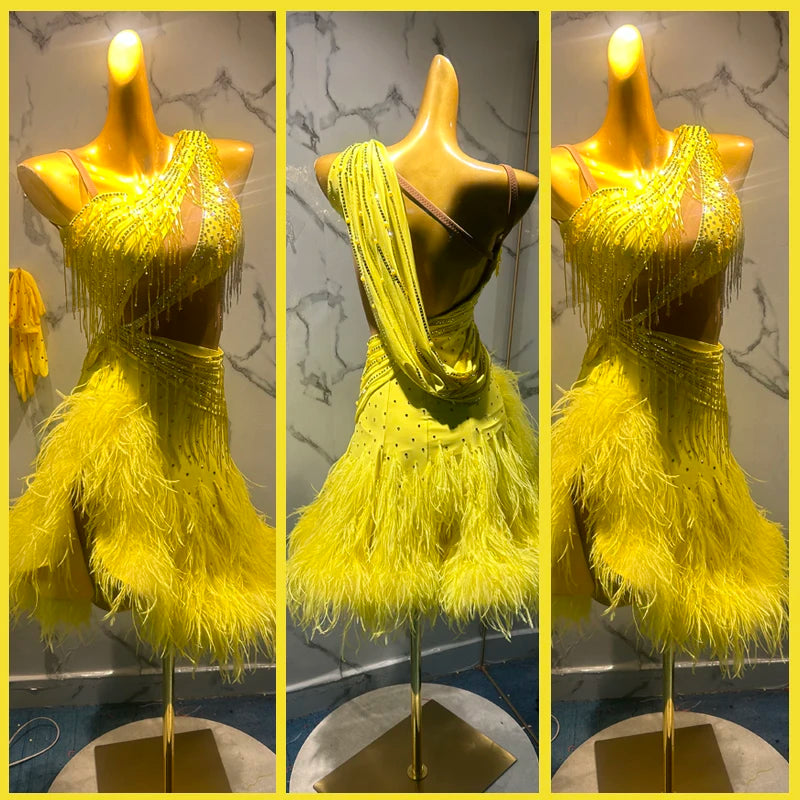 Women's Yellow Sequin Fringe Feather Latin Dance Dress