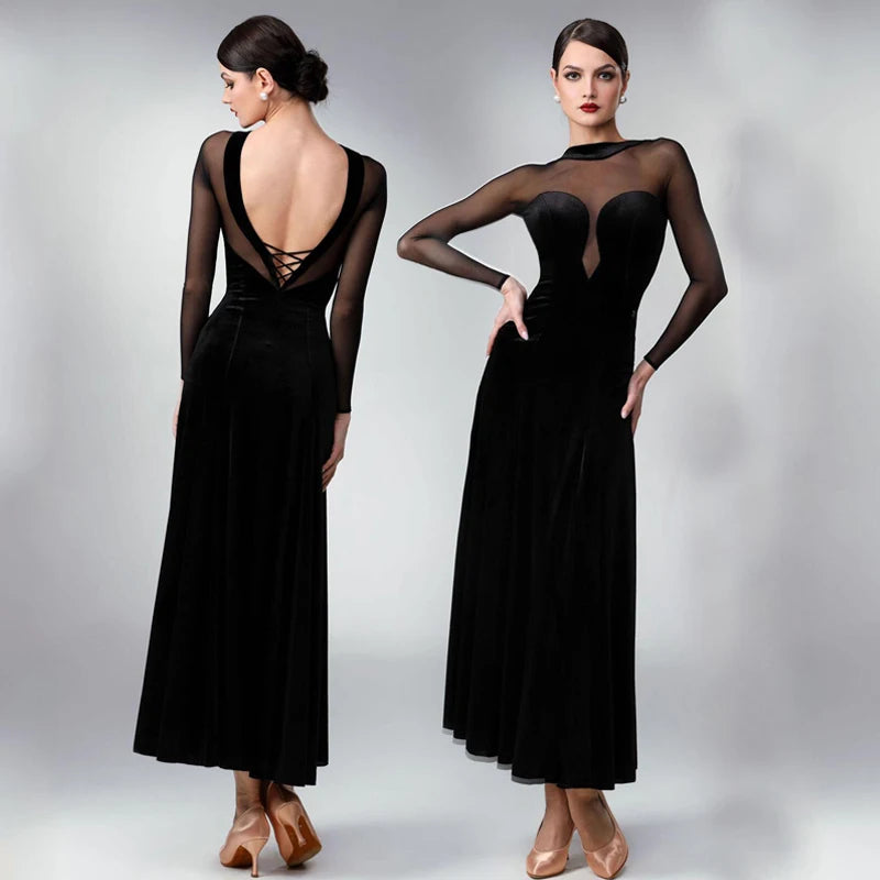 Women's Black & Red Velvet Mesh Ballroom Dance Dress with Open Back & Sweetheart Neckline, Latin Tango Waltz Foxtrot Gown