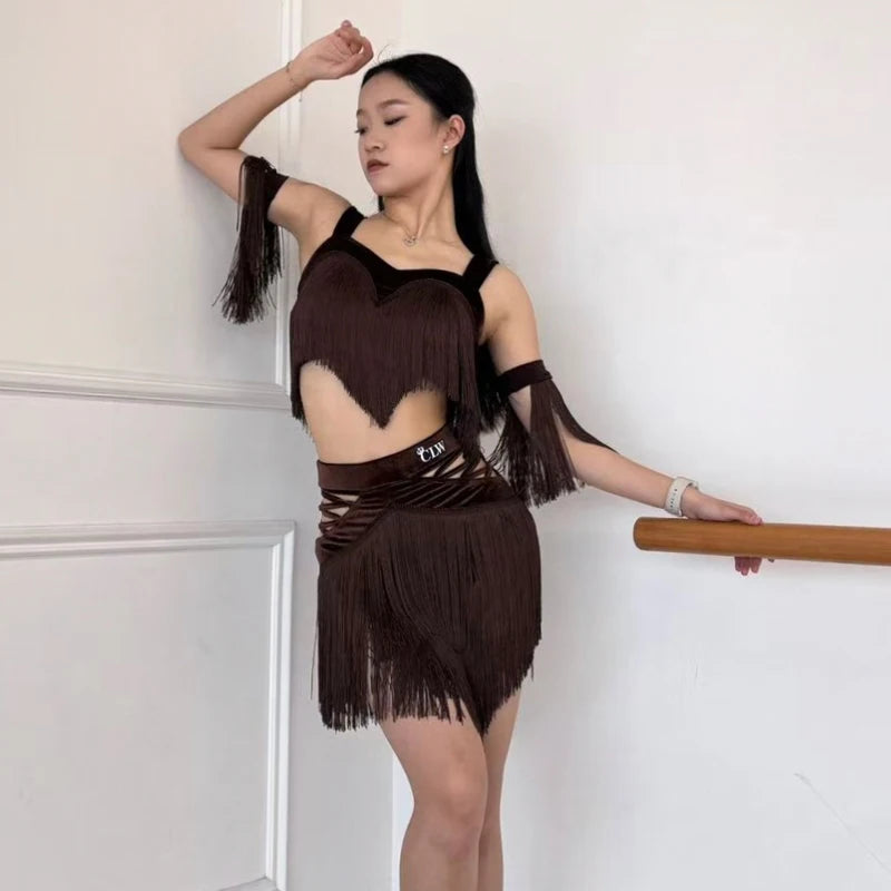 Latin Dance Women's Brown Fringe Two-Piece Set with Armbands