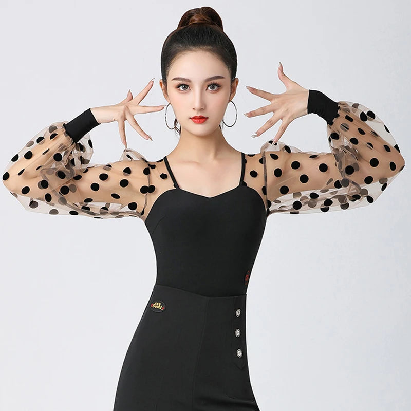 Women's Black Polka Dot Mesh Sleeve Latin Dance Top