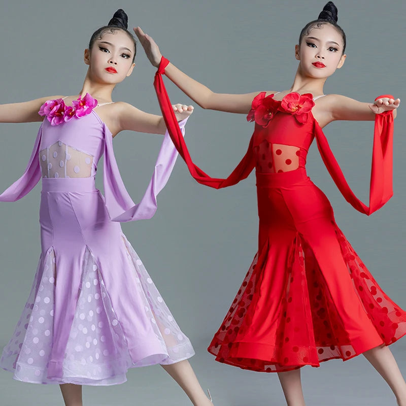 Kids Girls Latin Dance Dress, Red & Lavender Polka Dot Mesh Ruffle Salsa Ballroom Performance Costume
