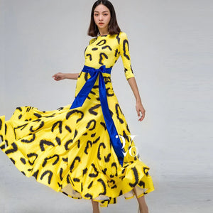 Women's Yellow Leopard Print Long Sleeve Ballroom Dance Dress with Blue Belt