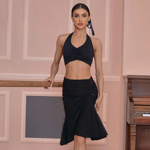Women's Halter Neck Ruched Crop Top & Layered Fringe Latin Dance Skirt Set