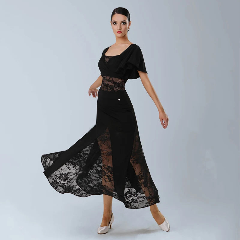 Women's Black Lace Panel Ruffle Sleeve Latin Ballroom Dance Dress