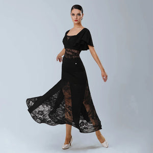 Women's Black Lace Panel Ruffle Sleeve Latin Ballroom Dance Dress