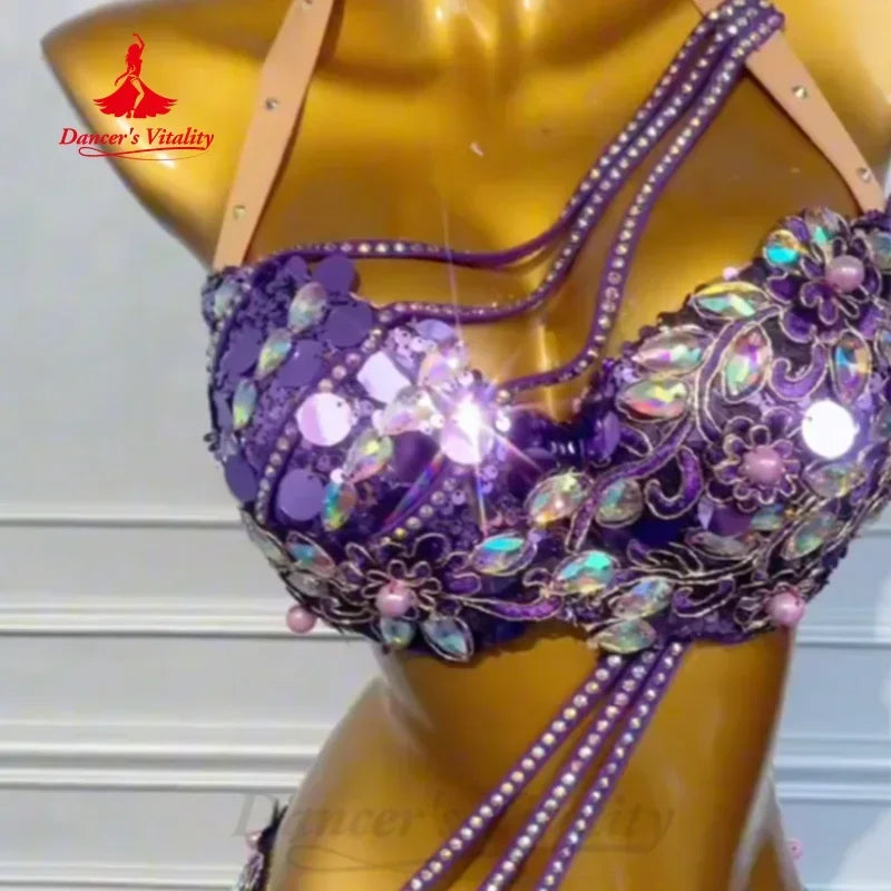 Adult Women's Belly Dance 2-Piece Costume With Rhinestone Bra And Sequin Fishtail Skirt For Competition