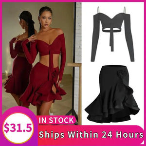 Women's Burgundy & Black Off-Shoulder Crop Top & Ruffled Skirt Latin Dance Costume Set