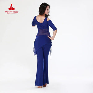 Belly Dance Women's Black Mesh Panel V-Neck Top & Slit Skirt Set with Floral Wristband, Long Sleeve Performance Costume