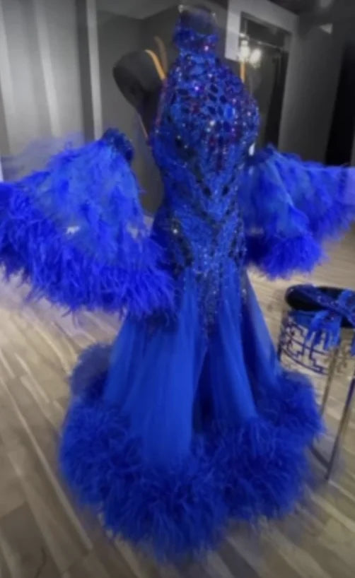 Ballroom Dance Dress Women's Royal Blue Sequin Feather Embellished Tulle Gown