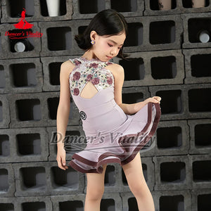 Girls Yellow Halter Neck Floral Lace Cutout Ruffled Latin Dance Dress