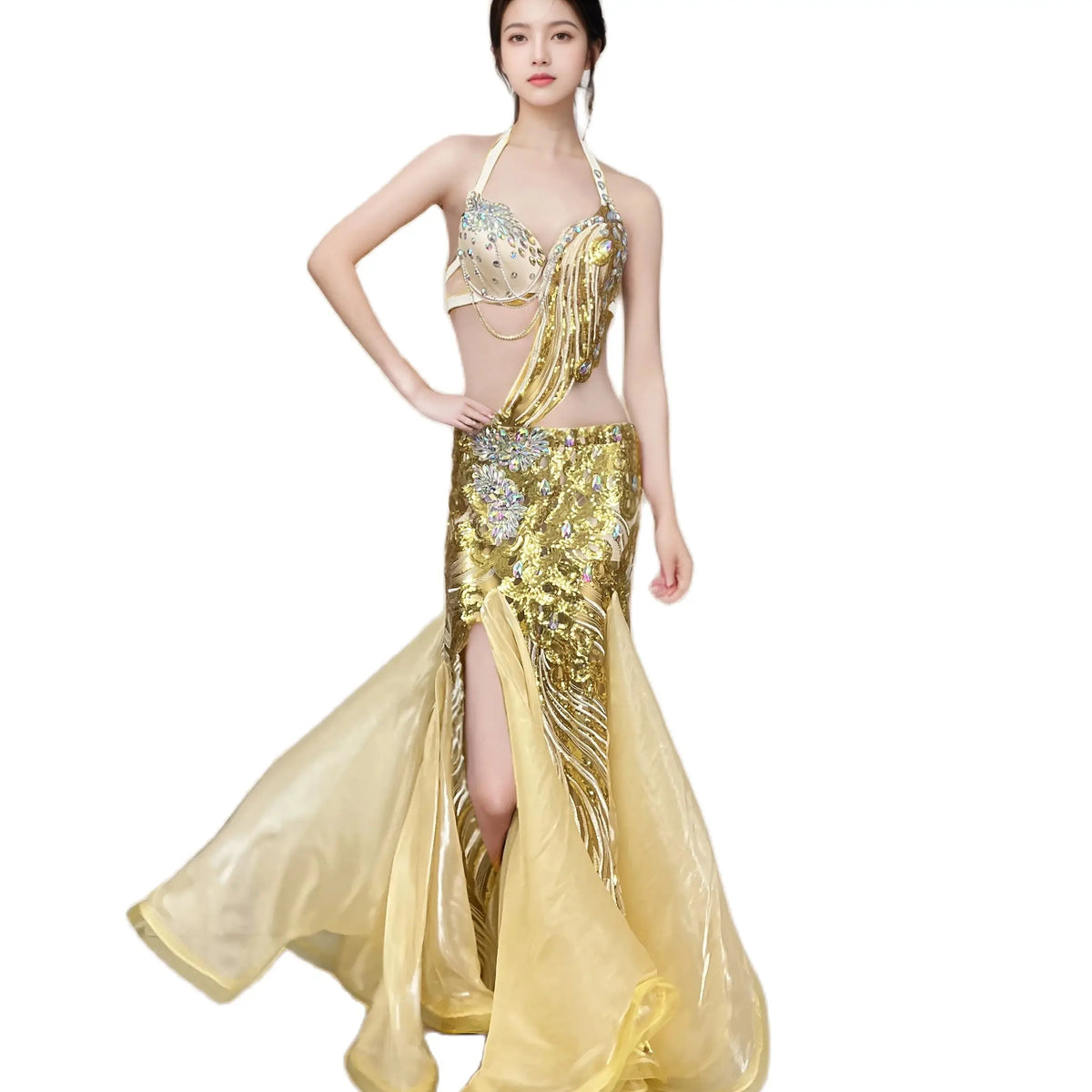 Belly Dance Costume Womens Gold Sequin Halter Top High Slit Skirt Set