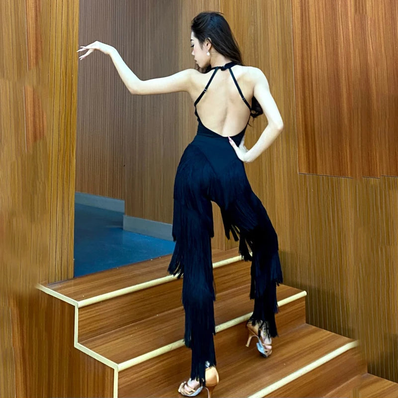 Dance Jumpsuit Women's Red Halter Fringe Latin Dance Bodysuit with Pants, Black Halter Fringe Latin Dance Bodysuit with Pants, Blue Halter Fringe Latin Dance Bodysuit with Pants