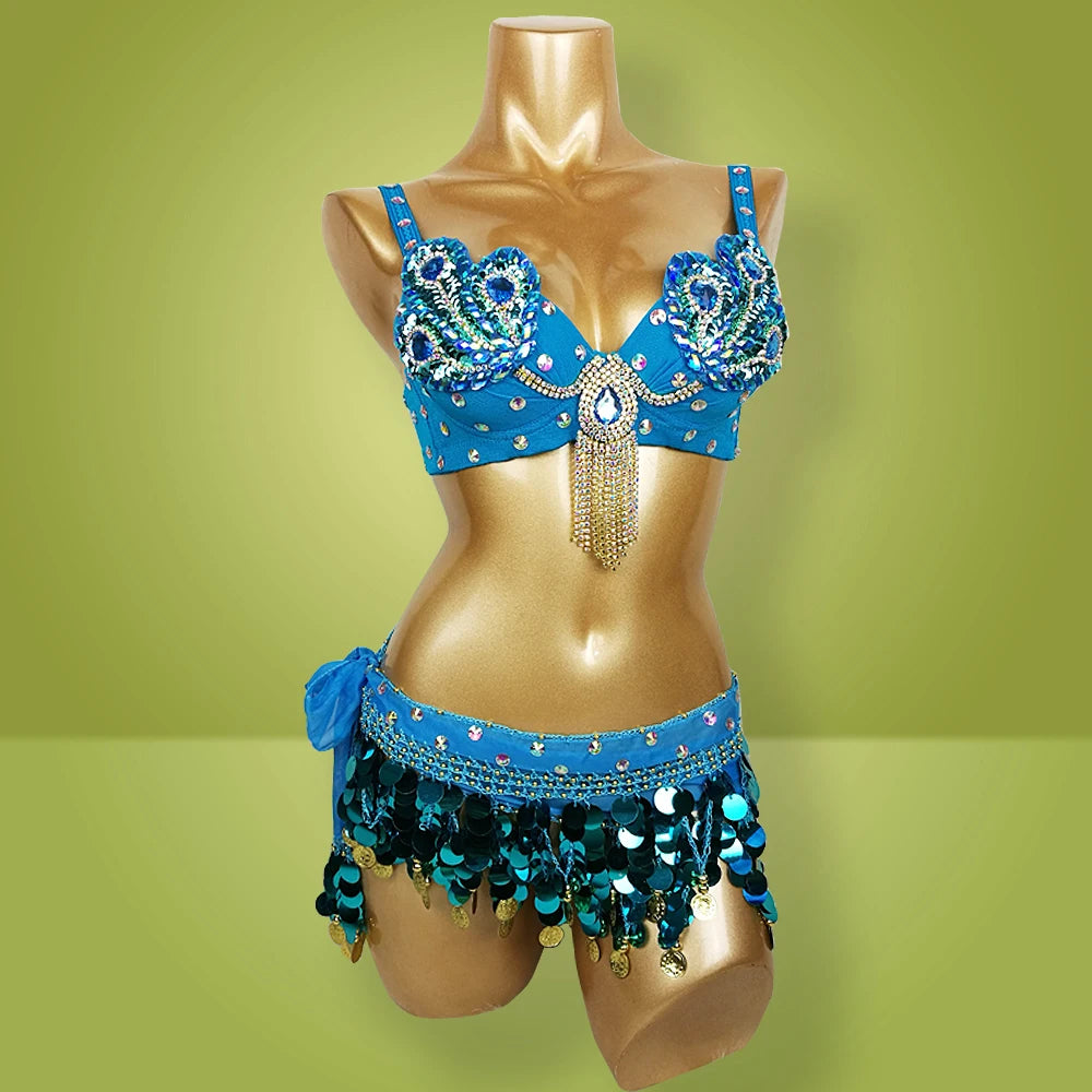 Women's Blue Sequin Beaded Fringe Belly Dance Costume Bra and Belt Set